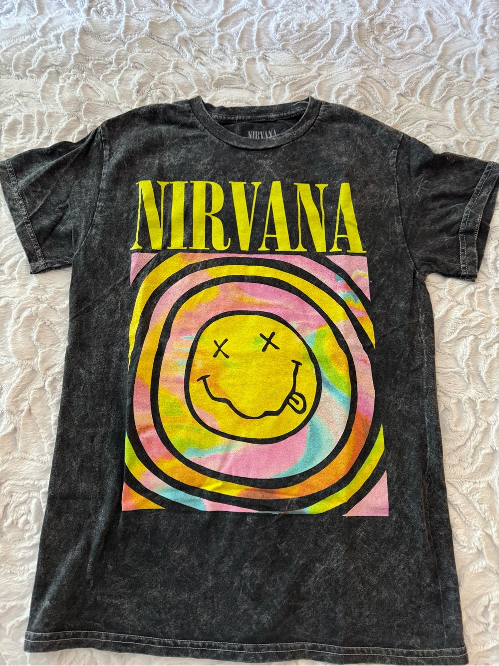 NIRVANA Black Tee with Yellow Logo and Multicolor Spiral Smiley